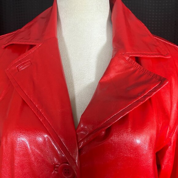 Vintage 90s Y2K Does 60s Womans Red Vinyl Jacket Lined Pockets Mod Go Go - Picture 2 of 16